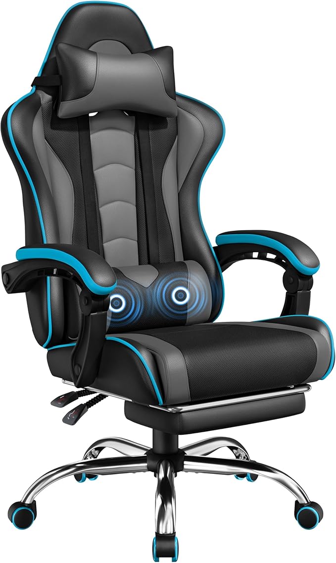 Gaming Chair Massage with Footrest - Ergonomic, Adjustable Swivel, Headrest & Lumbar Support (Black)